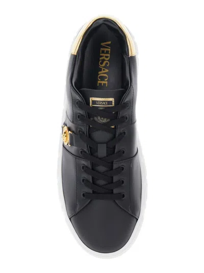 Versace Black Low Top Sneakers With Contrasting Heel With Logo Lettering And Medusa Plaque In Tech Fabric Ma In White