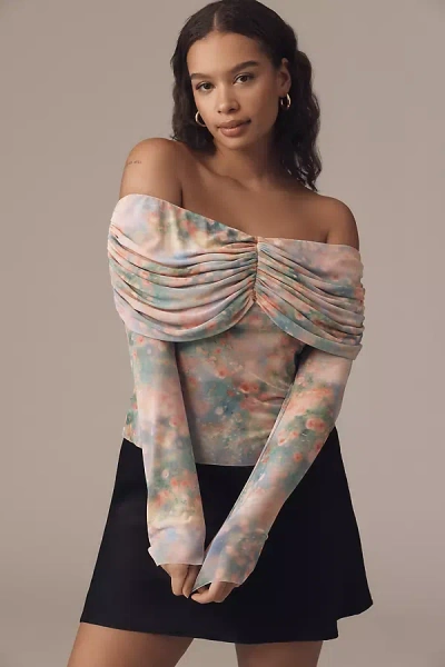 Afrm Power Mesh Off-the-shoulder Ruched Top In Multi