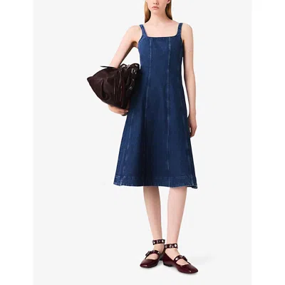 Maje Womens Denim Blue Round-neck Flared-skirt Sleeveless Stretch-denim Mini Dress
