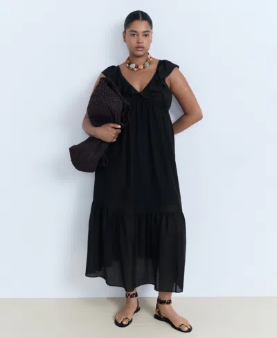 Mango V Neck Tiered Maxi Dress In Black