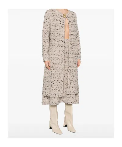 Fabiana Filippi Textured Speckled Long Coat With Layered Hem And Decorative Button In Neutral