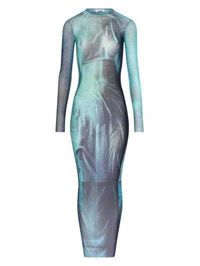 Jean Paul Gaultier "water" Mesh Long Dress In Blue