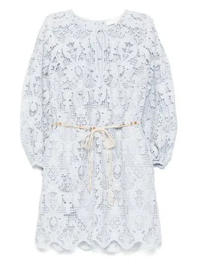 Zimmermann Ascension Lace Mini Dress W/ Belt In Blue