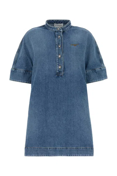 Givenchy Embroidered Button-placket Mini Dress In Blue