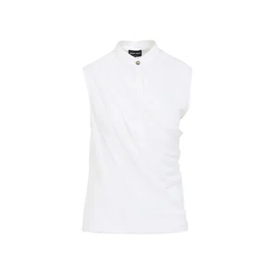 Giorgio Armani Draped Silk Shirt Korean Collar In White