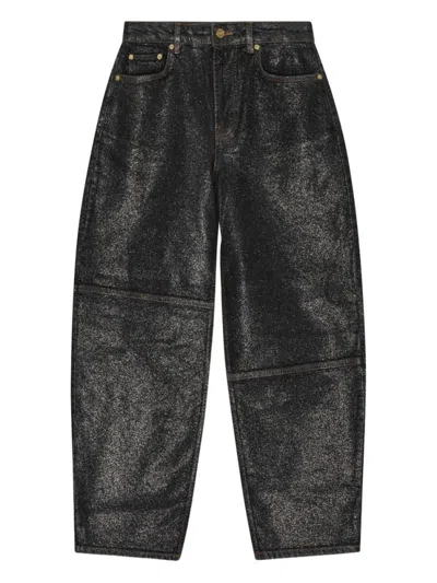 Ganni Wide Leg Trousers Metallic Finish Pockets In Black