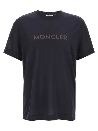 Moncler Lyocell T-shirt With Logo Print In Blue