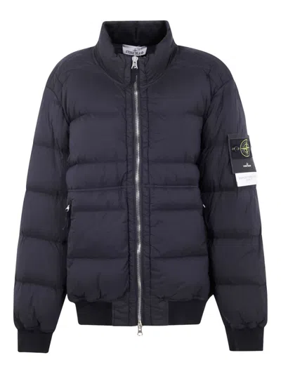 Stone Island Quilted Down Jacket With Ribbed Cuffs And Signature Patch In Blue