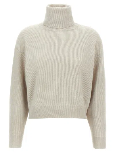 Brunello Cucinelli Ribbed Turtleneck Sweater With Dropped Shoulders In Neutral
