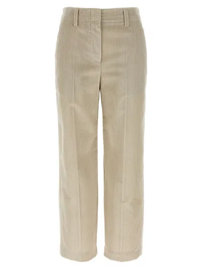 Brunello Cucinelli Beige Corduroy Trousers With Front Zip And Hook Button Closure In Neutral