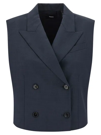 Theory Slightly Cropped Double-breasted Vest With Peak Lapels In Blue