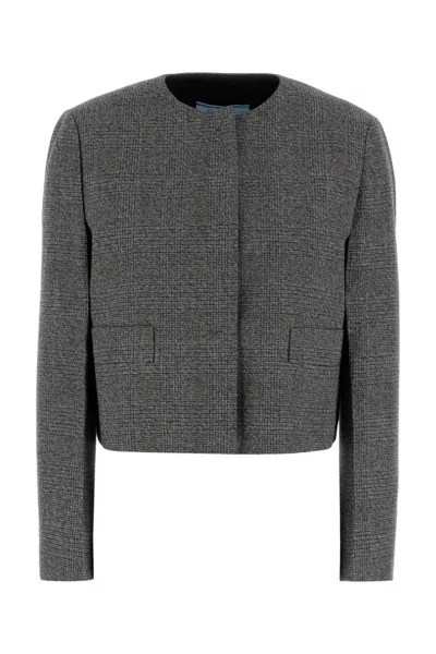 Prada Cropped Checkered Blazer In Textured Fabric In Gray