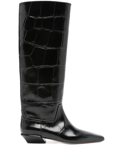 Paris Texas Crocodile-effect Knee-high Boots With Sleek Silhouette And Pointed Toe In Black