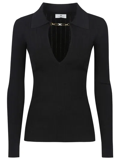 Elisabetta Franchi Deep V-neck Sweater With Gold Accent And Ribbed Texture In Black