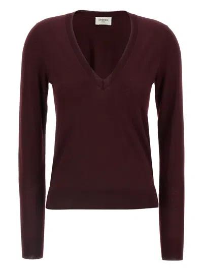 Saint Laurent Ribbed V-neck Knit Sweater With Long Sleeves In Burgundy