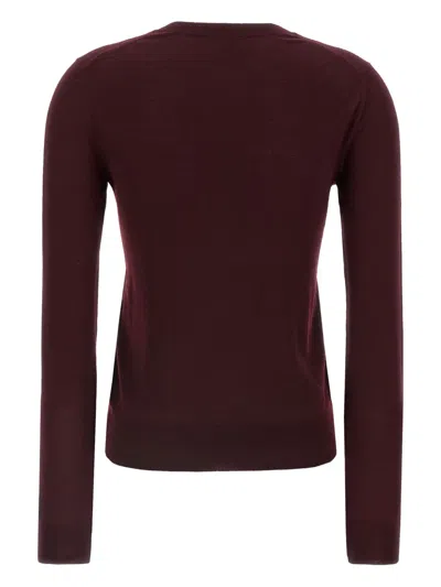 Saint Laurent Ribbed V-neck Knit Sweater With Long Sleeves In Burgundy
