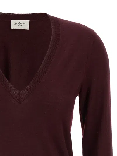 Saint Laurent Ribbed V-neck Knit Sweater With Long Sleeves In Burgundy