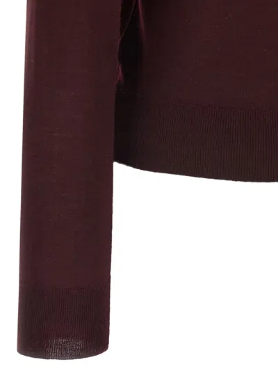 Saint Laurent Ribbed V-neck Knit Sweater With Long Sleeves In Burgundy