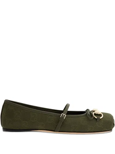 Gucci Canvas Gg Horsebit Ballerina Flats In Green