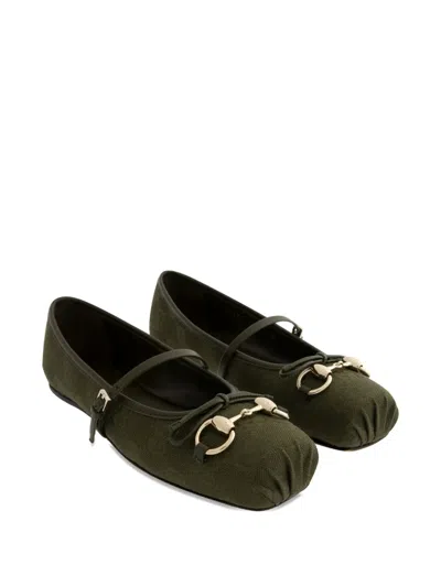 Gucci Canvas Gg Horsebit Ballerina Flats In Green