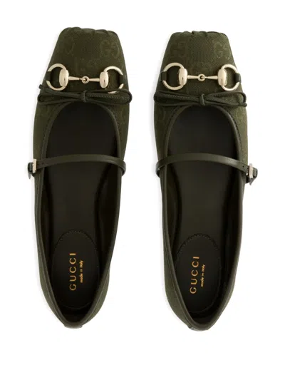 Gucci Canvas Gg Horsebit Ballerina Flats In Green