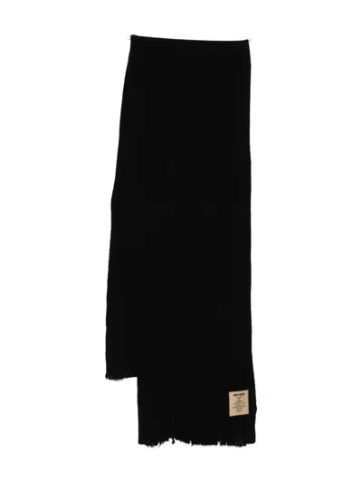 Uma Wang Ribbed Rectangular Scarf Frayed Edges In Black