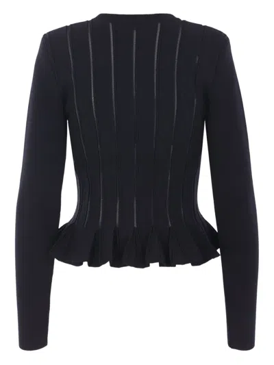 Elisabetta Franchi Tricot Pattern Sweater With Padded Shoulder Straps And Embroidered Hem In Black