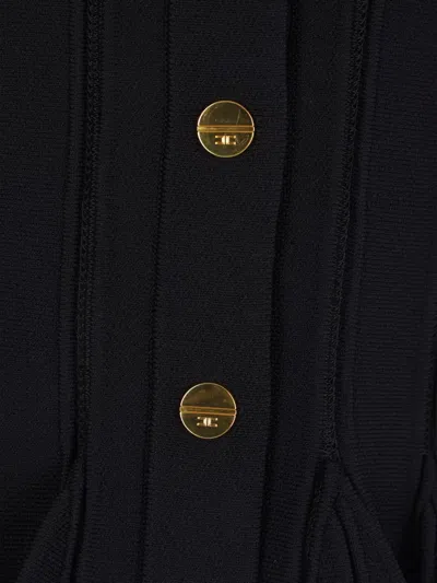 Elisabetta Franchi Tricot Pattern Sweater With Padded Shoulder Straps And Embroidered Hem In Black