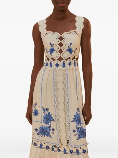 Farm Rio Cross Stitch Richeliue Sunflower Midi Dress Off-white In Neutral