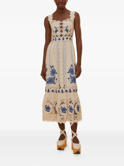 Farm Rio Cross Stitch Richeliue Sunflower Midi Dress Off-white In Neutral