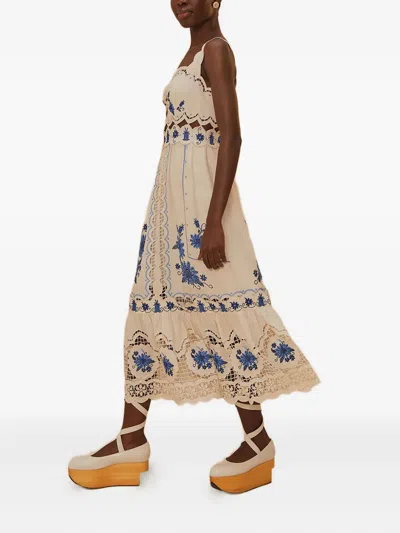 Farm Rio Cross Stitch Richeliue Sunflower Midi Dress Off-white In Neutral