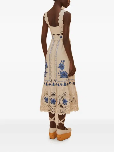 Farm Rio Cross Stitch Richeliue Sunflower Midi Dress Off-white In Neutral