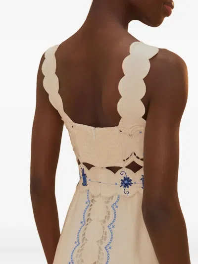 Farm Rio Cross Stitch Richeliue Sunflower Midi Dress Off-white In Neutral