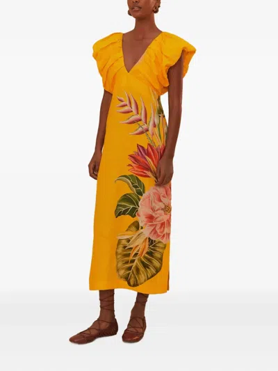 Farm Rio Off-white Spring Awakening Euroflax Premium Linen Midi Dress In Spring Awakening Off-white