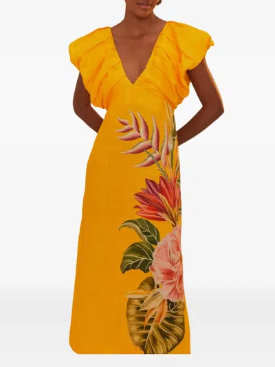 Farm Rio Off-white Spring Awakening Euroflax Premium Linen Midi Dress In Spring Awakening Off-white