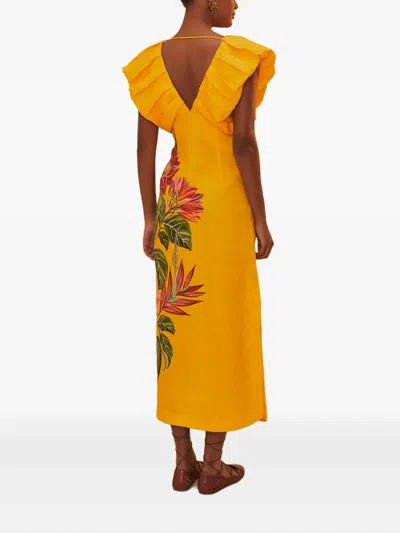 Farm Rio Off-white Spring Awakening Euroflax Premium Linen Midi Dress In Spring Awakening Off-white