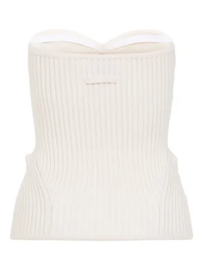 Jean Paul Gaultier White Merino Wool Ribbed Stretch Corset In White