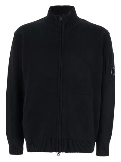C.p. Company Black Jacket With High Neck And Logo Plaque On The Sleeve In Wool Blend Man In Black