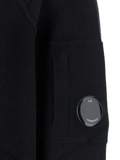 C.p. Company Black Jacket With High Neck And Logo Plaque On The Sleeve In Wool Blend Man In Black