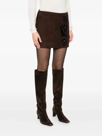 P.a.r.o.s.h Beaded Suede Mini Skirt In Brown
