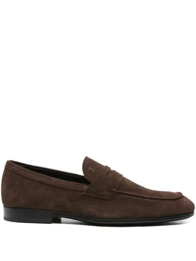 Tod's Suede Penny Strap Loafers Round Toe In Brown