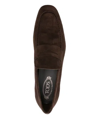 Tod's Suede Penny Strap Loafers Round Toe In Brown