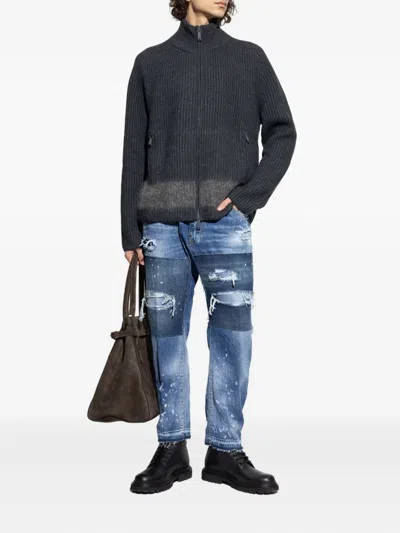 Dsquared2 Full-zip Cardigan With Mohair Inlay In Gray