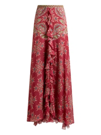 Etro Printed Ruffle Front Maxi Skirt In Red