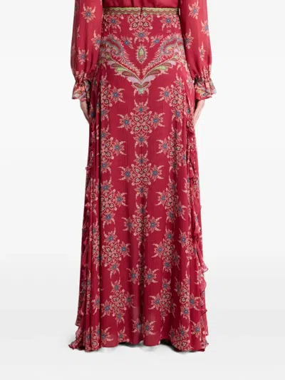 Etro Printed Ruffle Front Maxi Skirt In Red