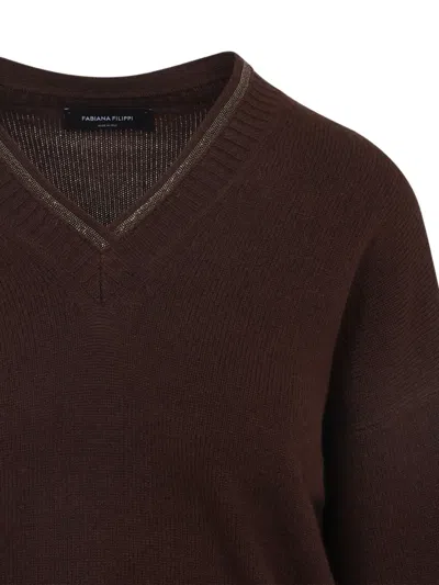 Fabiana Filippi Wool Silk Cashmere Blend V Neck Sweater In Brown