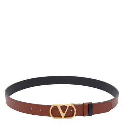 Valentino Garavani Leather Belt With Adjustable Length And Reversible In Brown