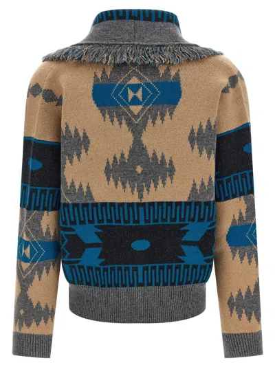 Alanui Geometric Jacquard Belted Fringe Cardigan In Blue