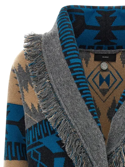 Alanui Geometric Jacquard Belted Fringe Cardigan In Blue