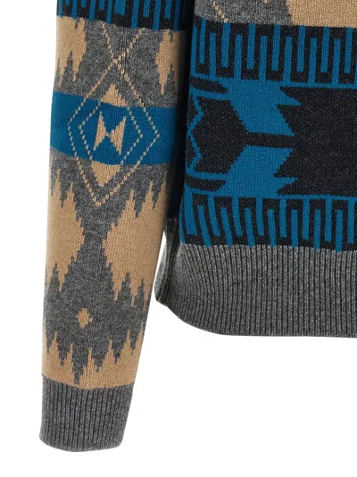 Alanui Geometric Jacquard Belted Fringe Cardigan In Blue